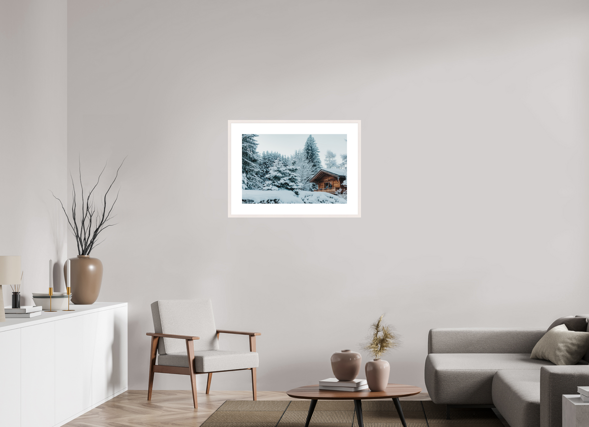 75 x 50 cm, cadre 8 blanc Chalet des Alpes