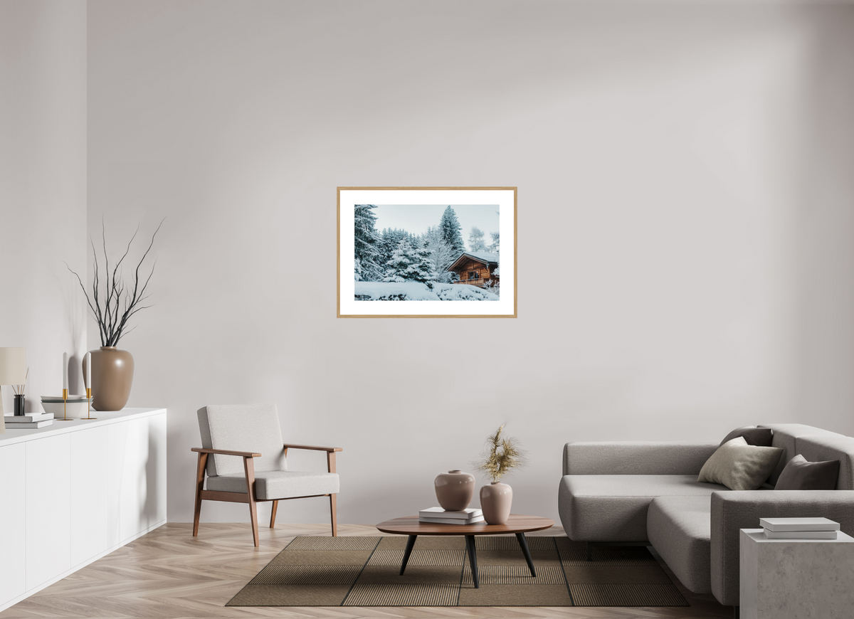 90 x 60 cm, cadre 9 naturel Chalet des Alpes