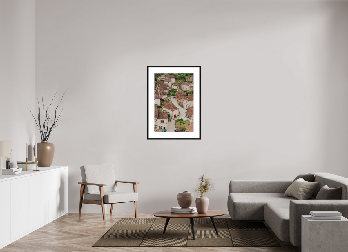 60 x 90 cm, cadre 9 noir Village perché sur les hauteurs